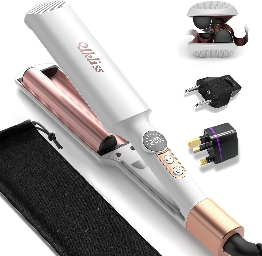 Ukliss Mini Waver Hair Tool Crimper for Women Short Hair 0.4 inch Travel Double Barrel Small S Waver Curling Iron (110-240V) Dual Voltage with 5 Temps, Anti-scalding (White)