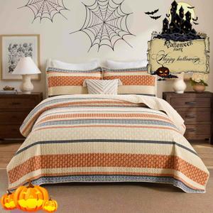 Homzard Quilt King Size, Cotton Orange Gray Black Striped Quilt Bedding Set,Floral Comforter Set King Size,Fall Lightweight Bedspread with Shams,3 Piece All Season (King (106"x98"), 01-4 Orange/Grey/Black)