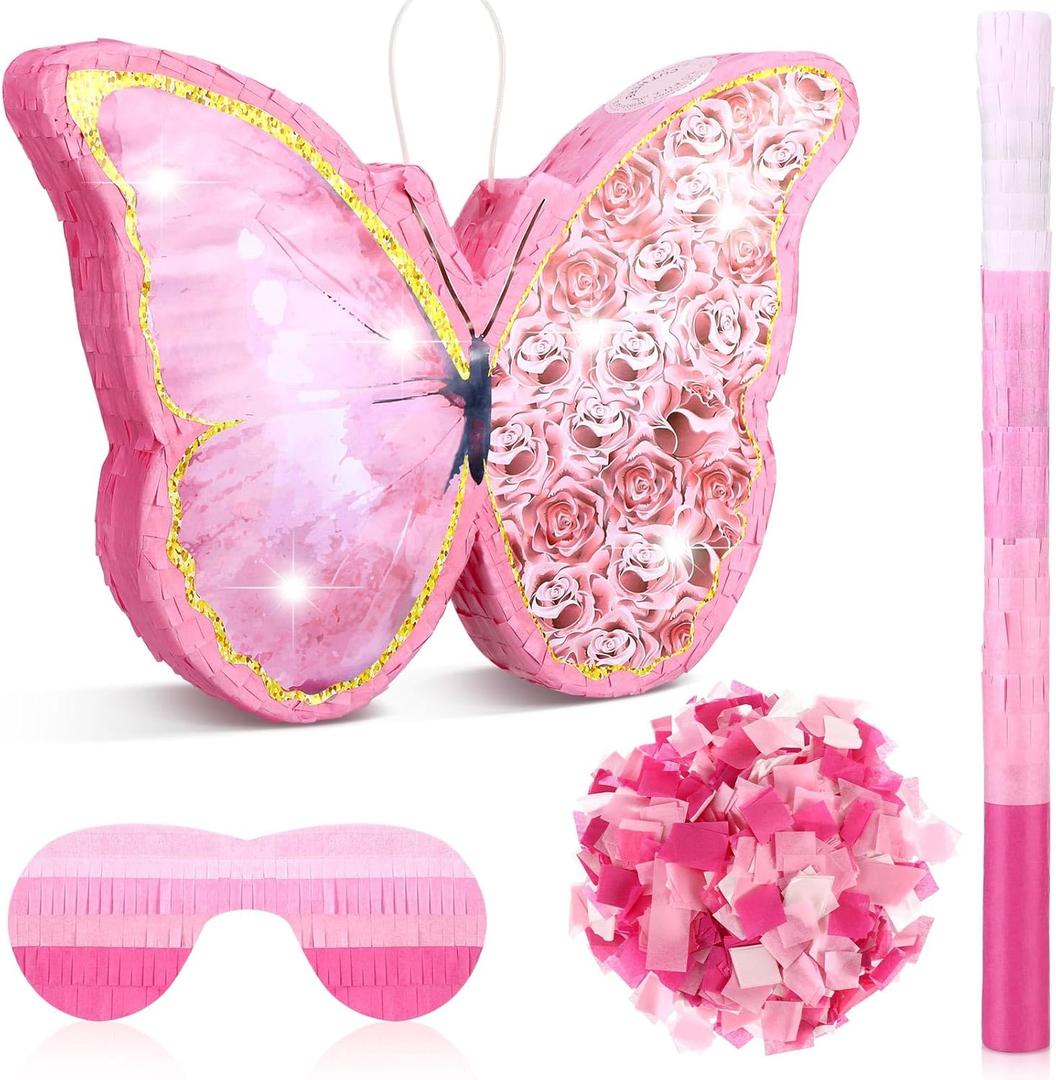 Zhanmai Small Butterfly Sunflower Piata Girl Set Include 15.4 x 11.3 x 2 Inch Pink Piata Bat Stick and Blindfold Mask for Girls Birthday Party Supplies Decor(Butterfly)