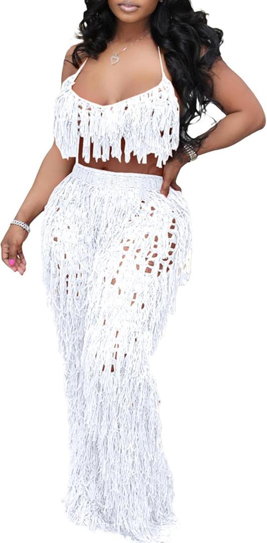 Tbahhir Sexy Women 2 Piece Vacation Outfits Crochet Bikini Coverups Beach Suits Halter Top Pants Sets Swim Pool Holiday (White, XXL)