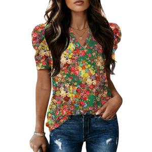 LOMON Spring Summer Tops for Women 2026 V Neck Puff Short Sleeve Tops Fashion Trendy Work Blouses Dressy Casual S-XXL (Green, L)