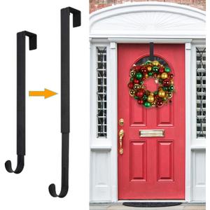 Wreath Hanger,Christmas Decorations Adjustable Wreath Hanger for Front Door Decor from 14.9-25",Over The Door Hooks Organizer 20 lbs Larger Doors Wreaths Hanger Halloween Xmas Decorations Hook (Black)