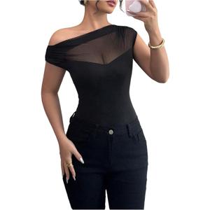 Milumia Women's One Shoulder Sheer Ruched See Through Mesh Bodysuit Top