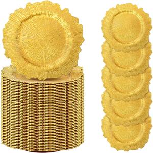 100 Pcs Gold Charger Plates Bulk 12.6 Inch Plastic Plate Chargers for Dinner Plates Floral Reef Design Round Ruffled Rim Dinner for Christmas Thanksgiving Wedding Party Event Supplies