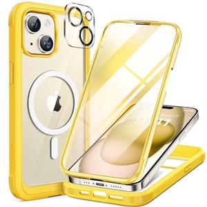 Miracase Glass Series for iPhone 15 Case [Compatible with MagSafe] Full-Body Magnetic Case with Built-in 9H Tempered Glass Anti-Fingerprint Screen Protector + Camera Lens Protector, Lemon Yellow