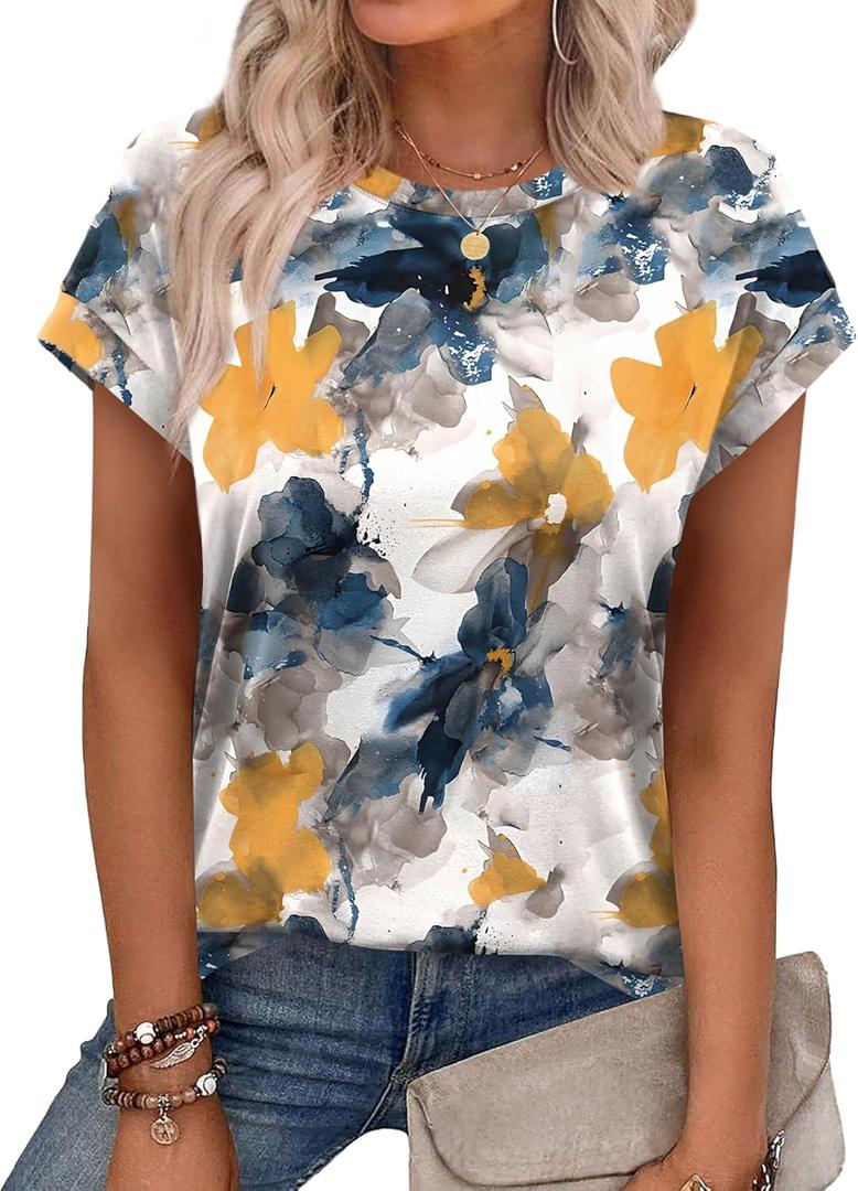Alaroo Womens Summer Tops Short Sleeve Shirts Crew Neck Cute Trendy Tunic Blouses (S-3XL) (Medium, Print 08)