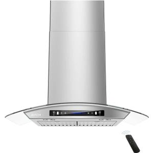 IKTCH 36-inch Wall Mount Range Hood Tempered Glass 900 CFM, Kitchen Chimney Vent Stainless Steel with Gesture Sensing & Touch Control Switch Panel, 2 Pcs Adjustable Lights(IKP03-36)