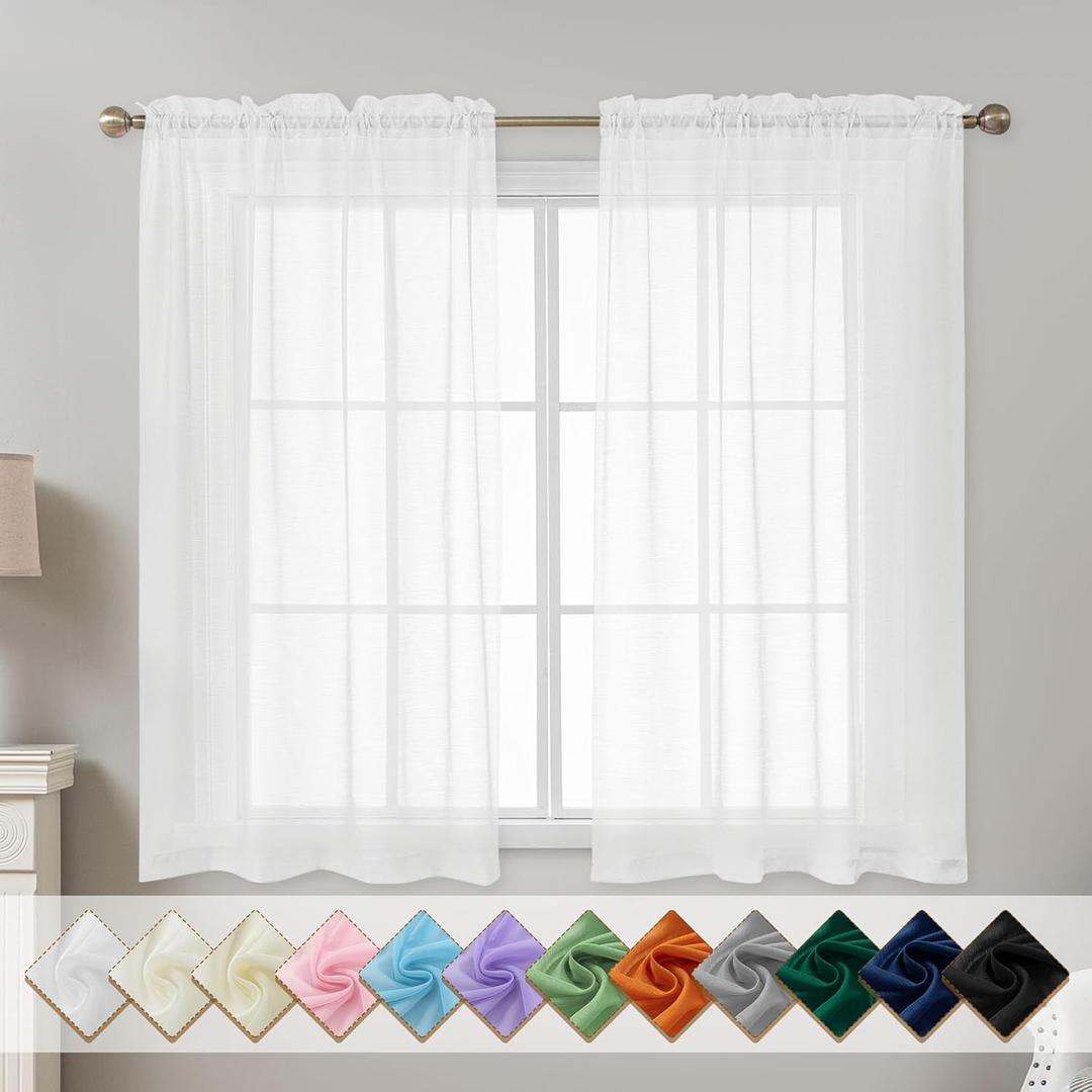 White Sheer Curtains 54 Inch Length, Privacy Semi Sheer Curtains for Dining Room Kitchen, Light Filtering Rod Pocket Voile Window Drapes 2 Panels Set, Each 42" W x 54" L