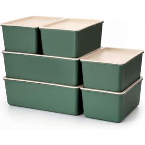 Menkxi 6 Pcs Large and Small Plastic Storage Bins with Lids 14.4 x 10.4 x 5.1 Inch Stackable Storage Containers Decorative Cubby Organizer for Clothes Shelves Garage Closet Office(Green)