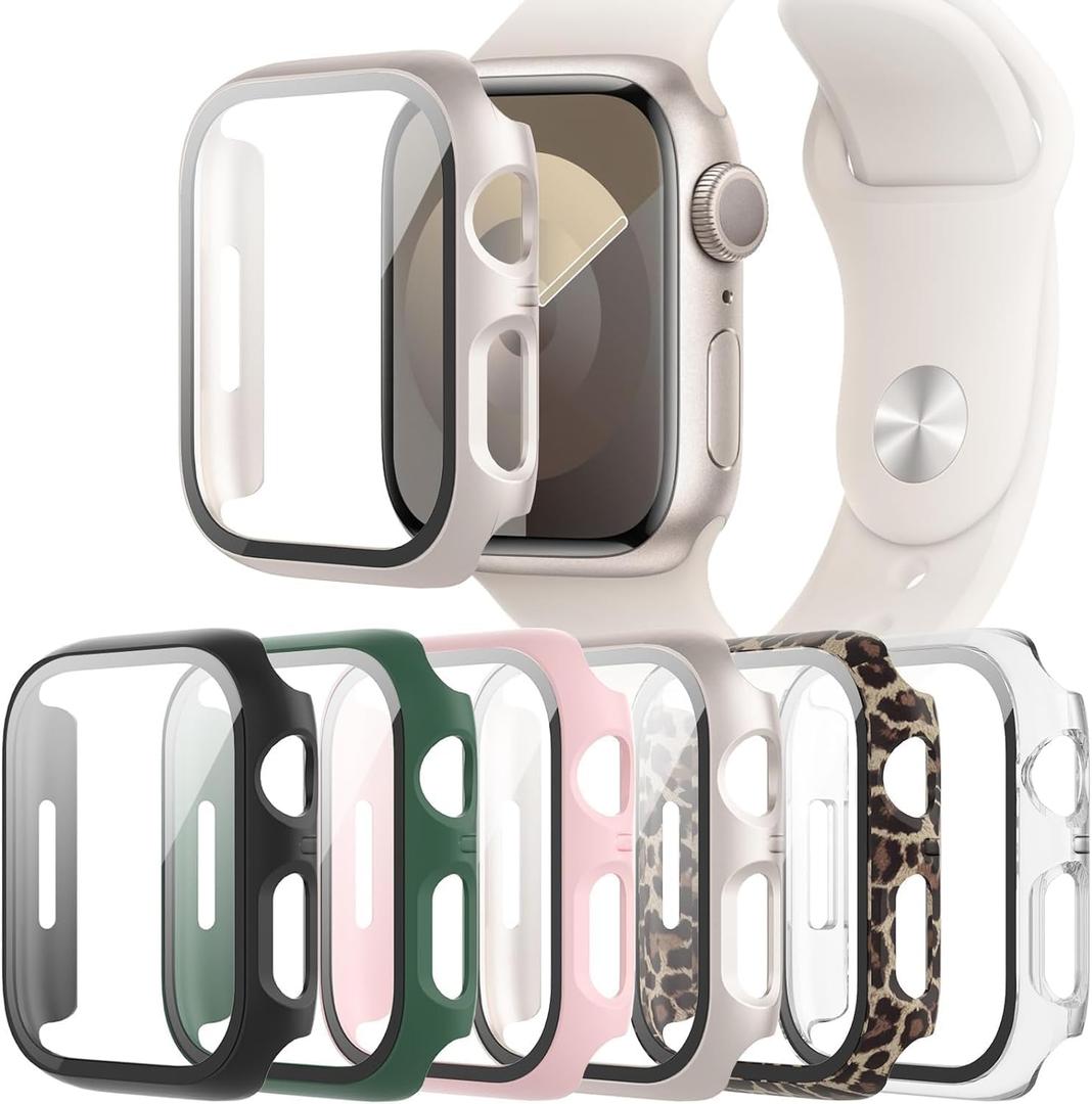 6-Pack Case with Tempered Glass Screen Protector Compatible with Apple Watch Series SE 3(2025)/SE 2/SE/6/5/4 40mm, Full Coverage Hard PC Protective Face Cover Bumper for iWatch 40 mm (Black/Transparent/Pink/Green/Starlight/Leopard)