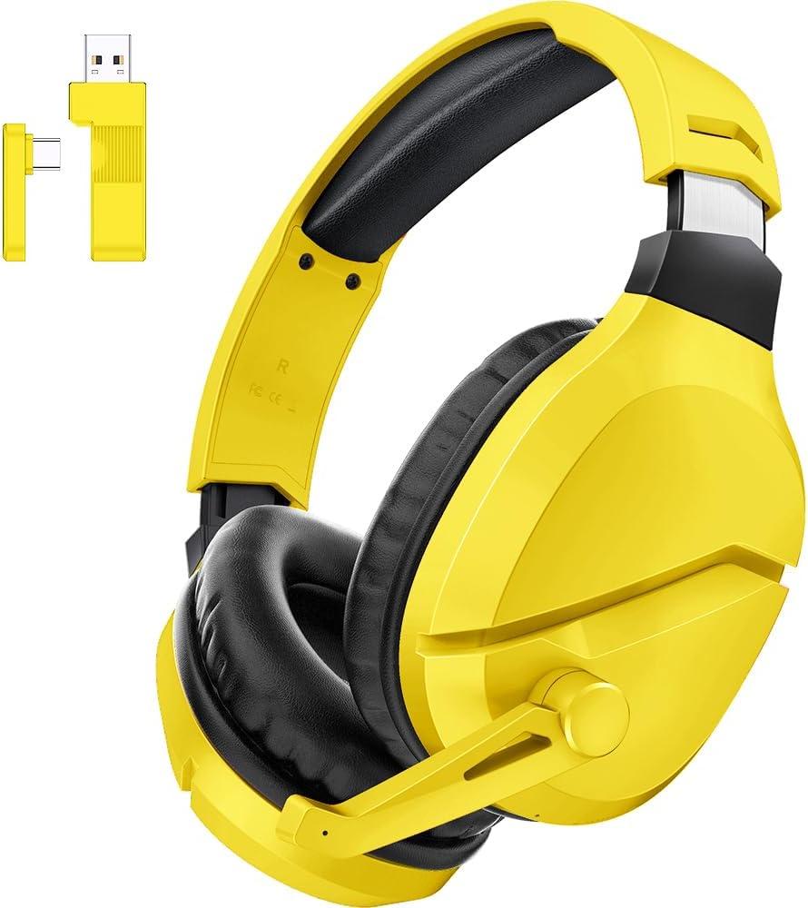WolfLawS Wireless Gaming Headset with Noise Canceling Microphone for PS5, PC, PS4, 2.4G/Bluetooth Gaming Headphones with USB and Type-c Connector, Wired Mode for Controller - Yellow