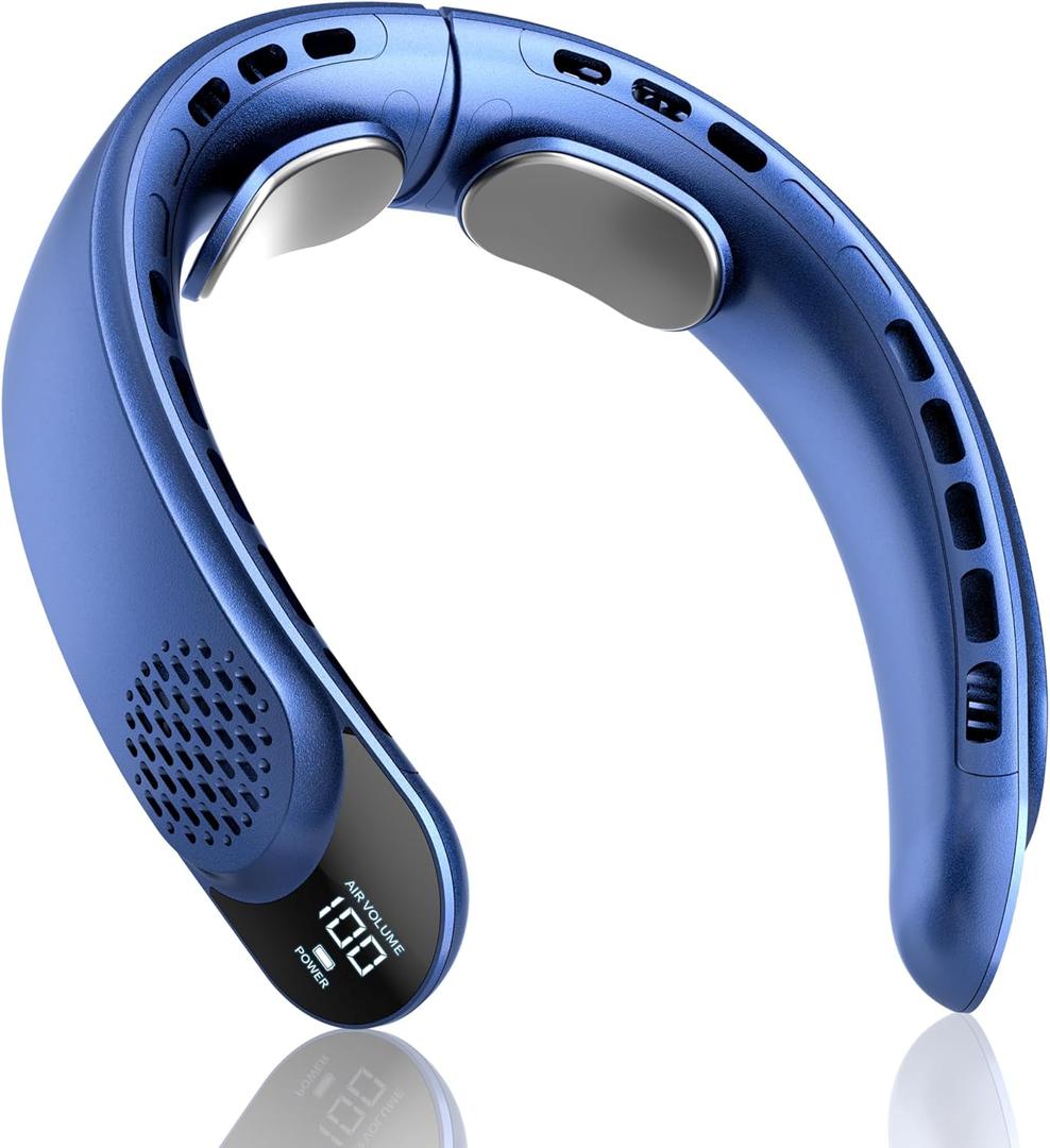 FrSara Portable Neck Fan Rechargeable, Personal Battery Powered Cooling Device that Blows Cold Air with USB TYPE-C, LED Display, 3-Speed, 4000mAh, Ideal Gift for Women, Sports, Men, Travel, Navy Blue