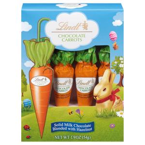 Lindt Chocolate Carrots, Solid Milk Chocolate Easter Candy Blended with Hazelnut, 1.9 Oz Box Best By: 07/31/25