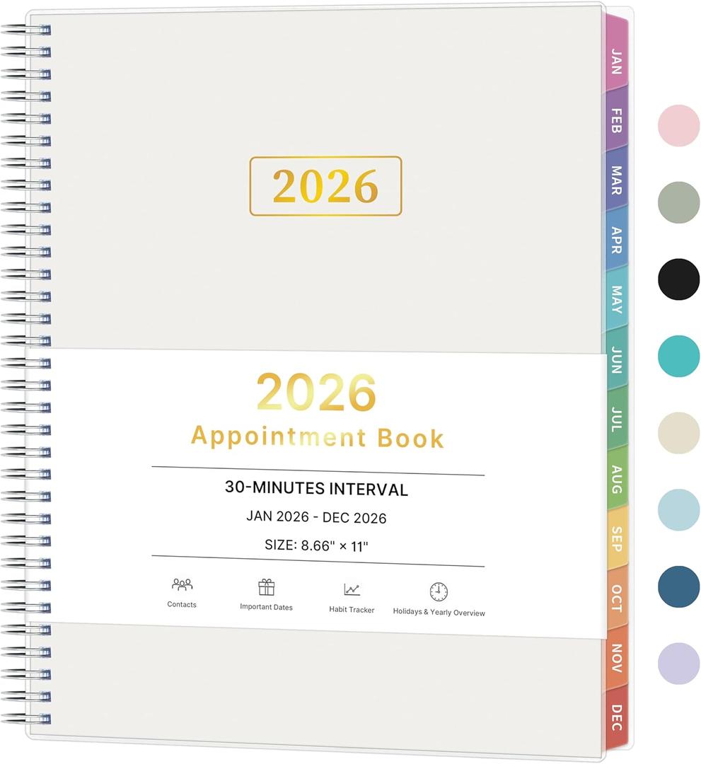 2026 Appointment Book, 30 Minutes-Hourly, Weekly Monthly Calendar Planner 2026, Jan 2026 - Dec 2026, 8.5'' x 11'', 2026 Daily Planner with Tabs Pocket, Flexible Cover, Great for Office, Home, School