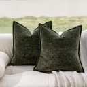 DWR Decorative Throw Pillow Covers Set of 2, 18x18 Crinkled Chenille Textured Cushion Covers for Couch, Sofa or Bed, Modern Rustic Home Accent in Dark Sage