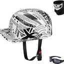 Vintage Open Face Motorcycle Helmet Retro Baseball Cap Half Helmets Men Women for Cruiser Street Scooter Moped Cap Jet with Mask Glasses - DOT Certified (Medium, Newspaper)