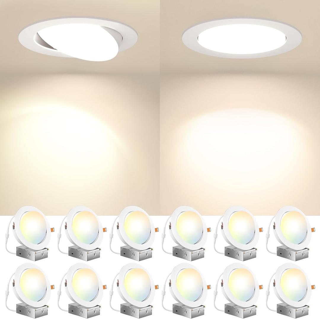 Amico 12 Pack 6 Inch Gimbal LED Recessed Lighting, 40 Tilt Adjustable Directional Canless Downlight, 2700K/3000K/3500K/4000K/5000K Selectable, Better Airtight, 15W 100W Eqv, 1100LM, ETL&FCC