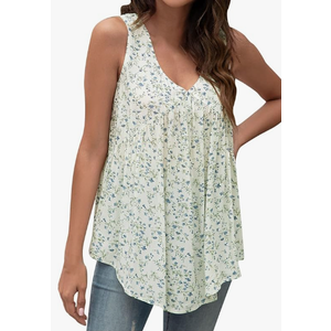 Summer Casual Flowy Tank Tops for Women Sleeveless Casual Floral Print Blouse Soft Loose Plus Size Pleated Shirts