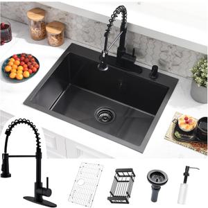 25 Inch Black Drop In Kitchen Sink with Faucet Combo - 25x22 Black Stainless Steel Drop In Sink and Faucet Combo, Single Bowl Kitchen Sink Drop In with Soap Dispenser & Accessories