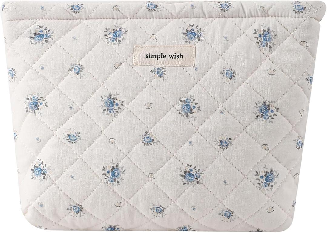 uekeboag Quilted Floral Cotton Makeup Pouch,Coquette Quilted Cosmetic Bag for Women and Girls, Aesthetic Organizer Bag, Flower Cute Travel Toiletry Bags(08Blue Flower)