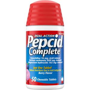Pepcid Complete Acid Reducer + Antacid Chewable Tablets, Heartburn Relief, Berry, 50 ct, BBD 04/2028
