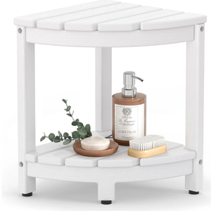 Corner Shower Stool for Inside Shower, HDPE Waterproof Shower Bench Seat Chair, Teak-Color Plastic Bath Shower Stool for Shaving Legs Foot Rest with Storage Shelf, Adjustable & Non-Slip Feet, White