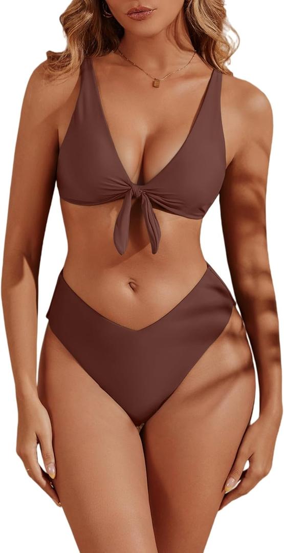 geluboao Bikini Sets for Women High Waisted Two Piece Swimsuit Sexy V Neck Tie Kont Push Up High Cut Bathing Suit,Large