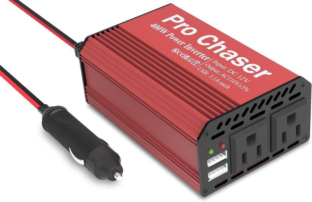 Pro Chaser 400W Car Power Inverter DC 12V to AC 110V Converter with Dual AC Outlets & 6.2A USB Ports, Ideal for Road Trips, Camping, Small Appliances & Electronics (Red)