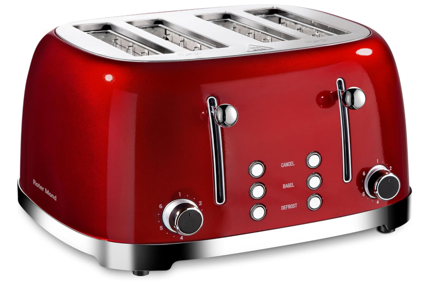 Roter Mond 4 Slice Toaster Retro Stainless Steel with Bagel Defrost Cancel Function, 6 Browning Settings, Extre Wide Slot and Removable Crumb Tray, Red, ST033