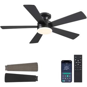 BYKISTOK Flush Mount Ceiling Fans with Lights - 46" Black Low Profile Ceiling Fan Light with Remote/APP, 6 Speeds Mute Reversible Motor, Modern Ceiling Fans for Indoor and Outdoor, Bedroom, Patios