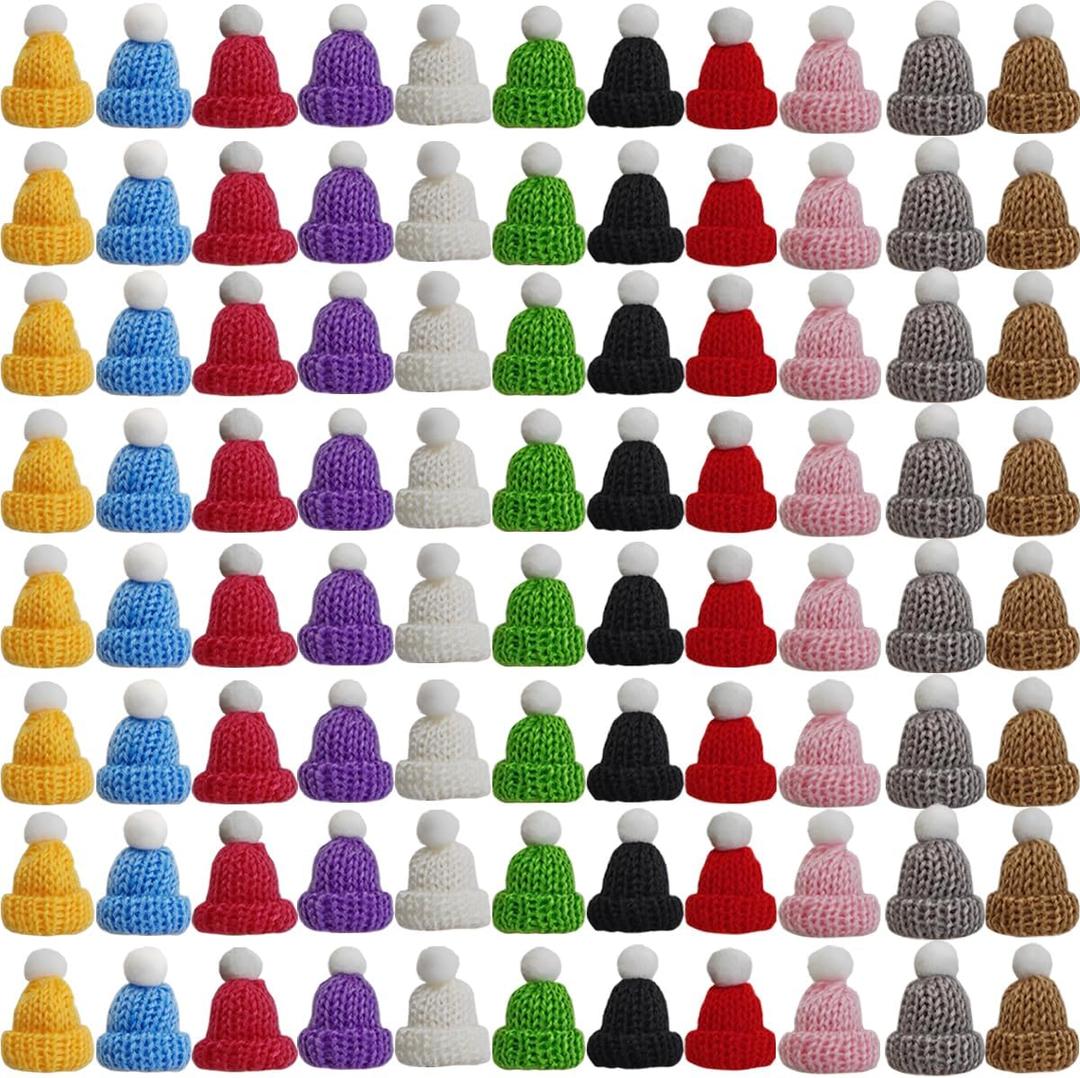 TIHOOD 99PCS Mini Knitting Hats Christmas Mini Knitting Doll Hats Mini Wool Hat for Christmas Ornaments DIY Art and Craft, Assorted Colors