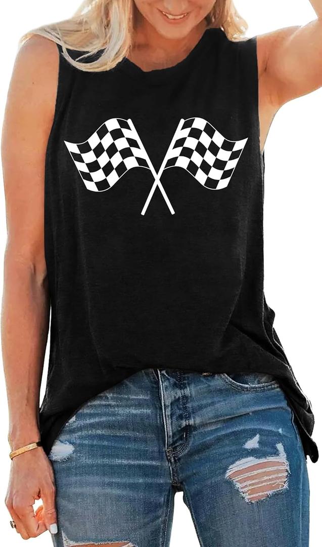Racing Tank Tops for Women: Checkered Flag Graphic Car Shirt Race Lover Sleeveless Shirts Summer Race Day Vest (Medium, Black)