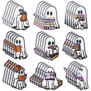 Janinka 45 Pcs Halloween Ghost Reading Book Patches Funny Ghost Book Readers Embroidered Sew on Patches Halloween Embroidery DIY Accessory for Clothes Pants Hats Jeans
