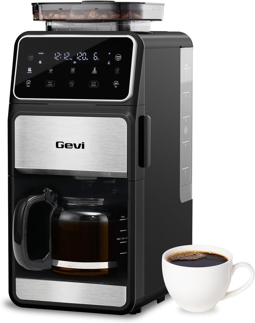 Gevi Grind & Brew Coffee Maker 10 Cup, Built-In Burr Grinder Drip Coffee Machine, Programmable Touch Screen, 4-Hour Warm Plate, Permanent Filter & Glass Carafe