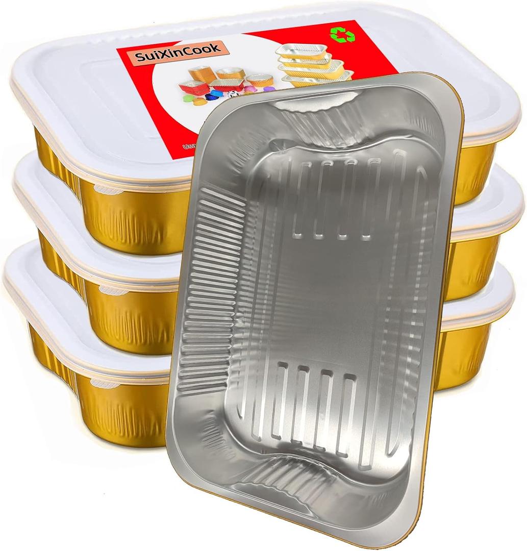 Gold Aluminum Foil Baking Pans with lids Heavy-Duty 9"13"(10pack+10Lids), Disposable Food containers reusable F330(3500ML)