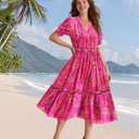 YESNO Summer Floral Midi Dresses for Women V Neck Puff Short Sleeve Frill Trim Dress with Pockets EVX