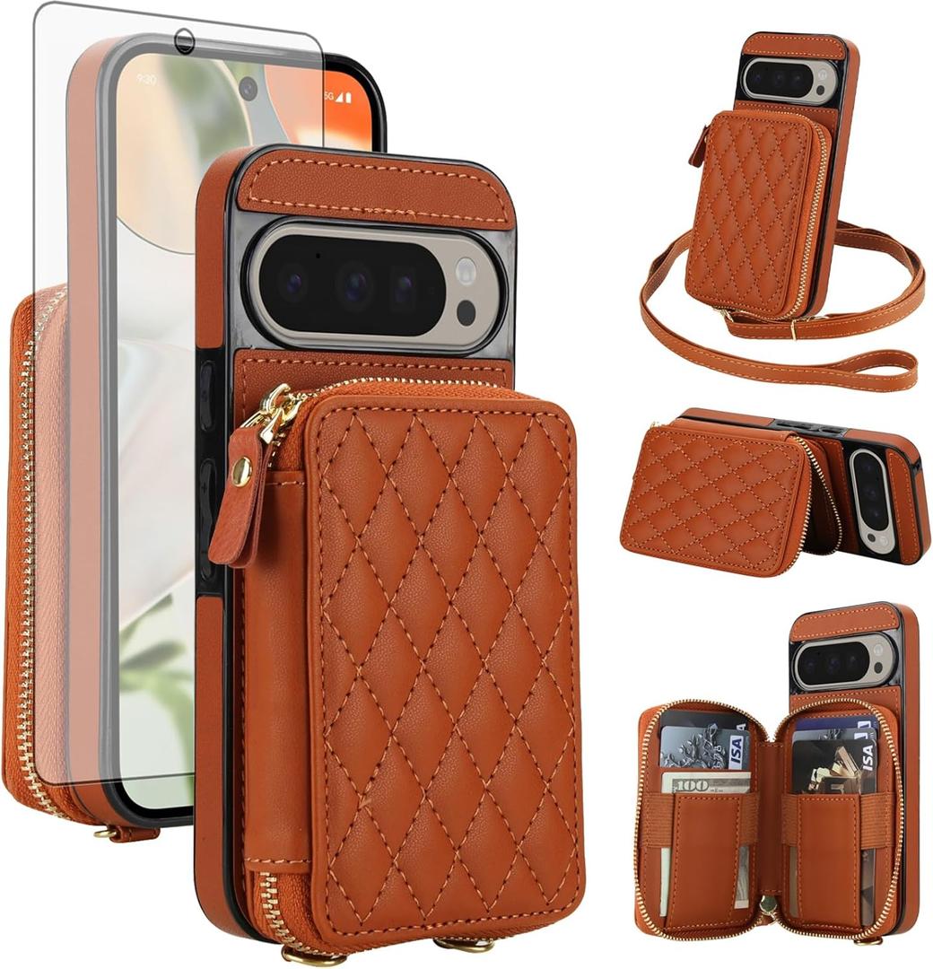 Asuwish Phone Case for Google Pixel 9/9 Pro/10/10 Pro 5G Wallet Cell Cover with Tempered Glass Screen Protector Crossbody Strap RFID Blocking Card Holder Pixel9 9Pro/Pixel10 10Pro Nine Ten Women Brown