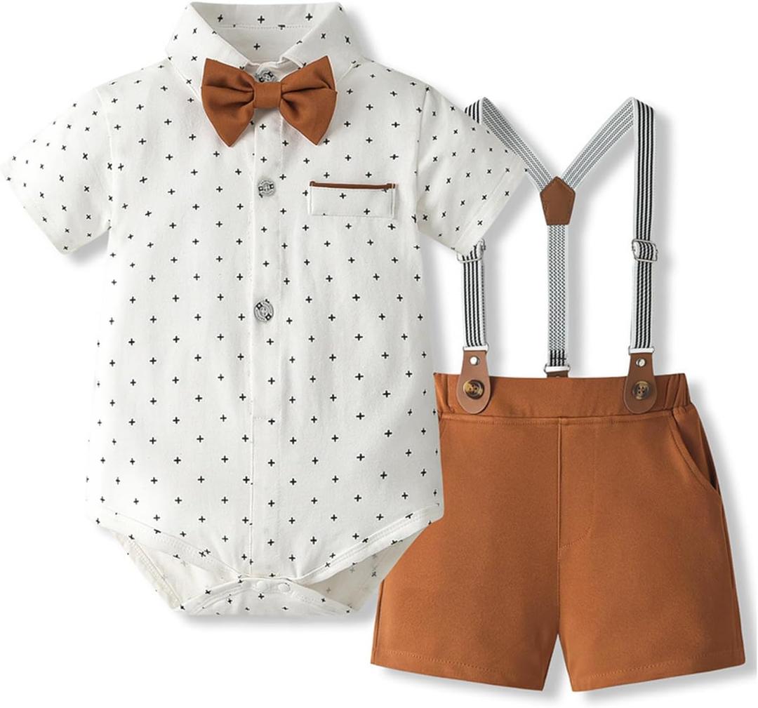 Volunboy Baby Boy Formal Short Set Toddler Summer Gentleman Outfit Kid Short Sleeve Bowtie Shirt Suspender Shorts Suit (12-18 Months, Caramel)