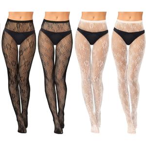 Jiuguva 4 Pack Women Lace Tights White Black Fishnet Stockings Floral Mesh Pantyhose Stockings Leggings Bow Patterned Tights for Women Halloween