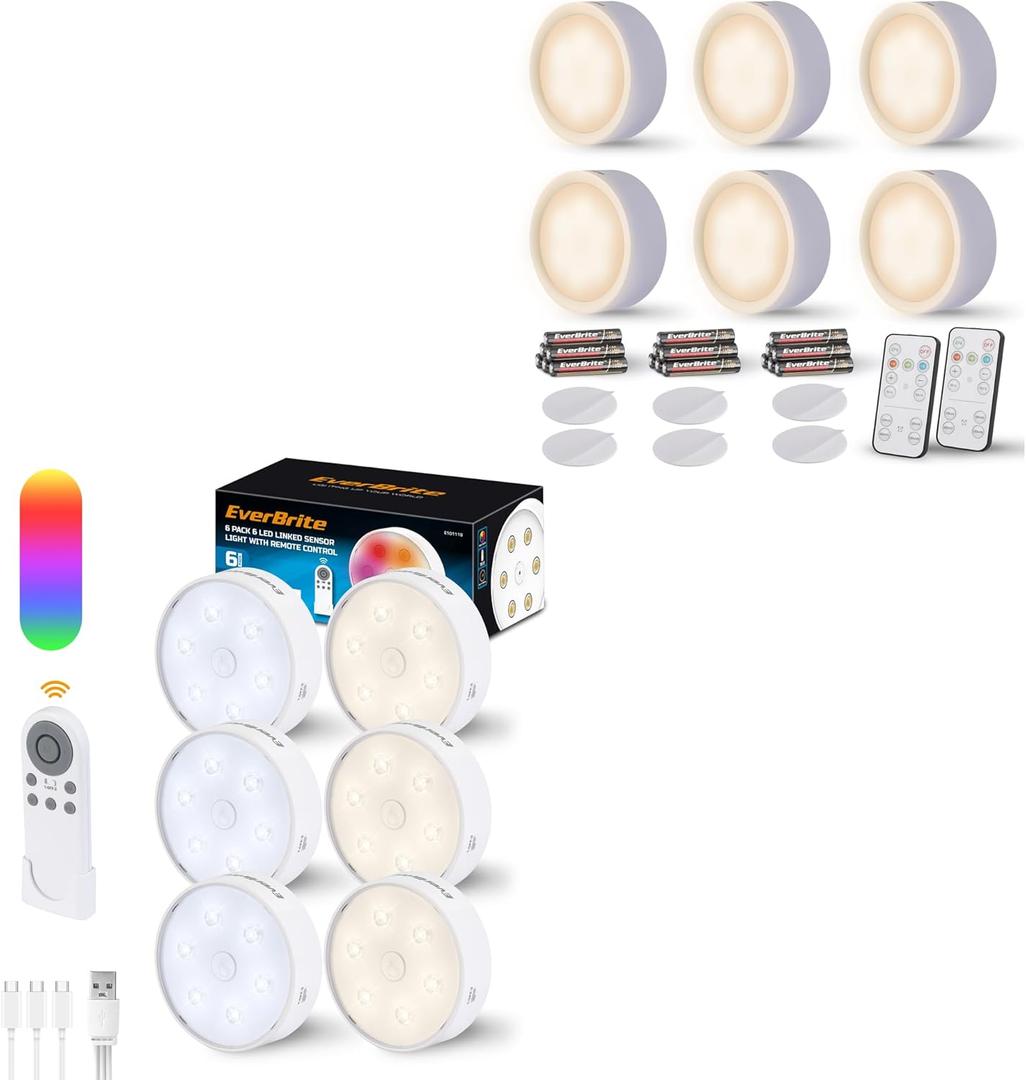 EverBrite 6-Pack Rechargeable 2000mAh Linked Sensor Under Cabinet Lights & 6-Pack Puck Lights with Remote, Battery Included