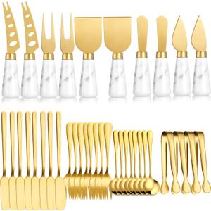 38 Pieces Gold Cheese Knife Set Marble Handle Butter Spatula Knives Cheese Spreader Cutter Cheese Shaver and Fork with Mini Serving Tongs Spoons and Fruit Forks for Charcuterie Board Accessories