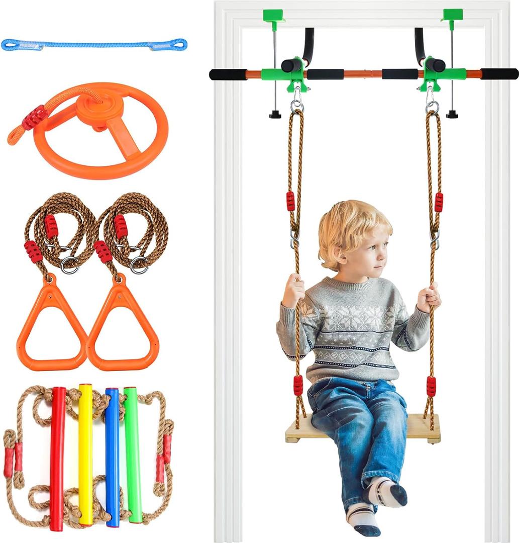 Doorway Swing mount for Kids & Door Pull Up Bar for Adults, Indoor Kid Swing with 4 Accessories, Multi-Function Doorway Gym, Fits Door Frame 24.41-30.51'' W x 3.94-6.69'' Thickness (Orange)