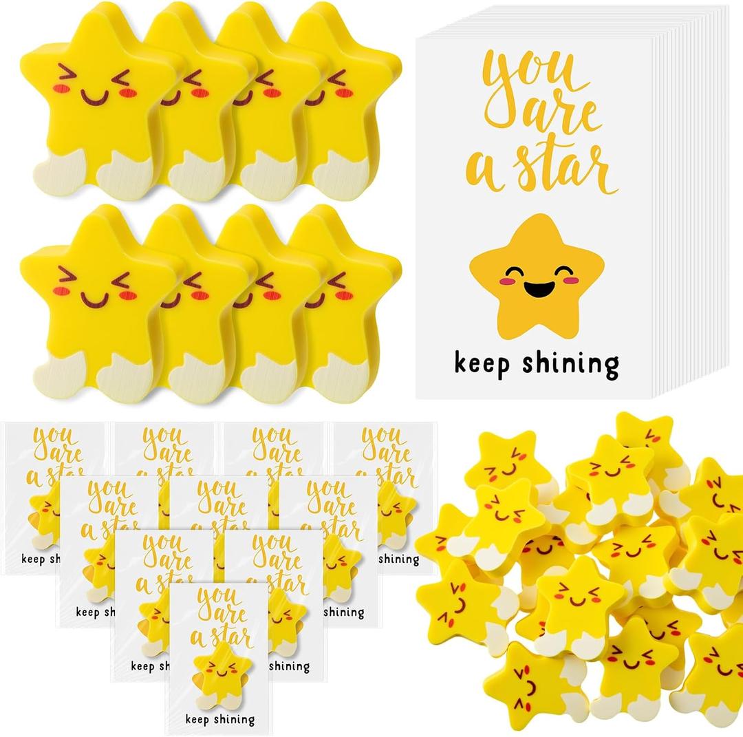 50 Sets Inspirational Gifts Motivational Star Shaped Erasers You're a Star Erasers Emotional Cards for Party Office Exchange Gifts