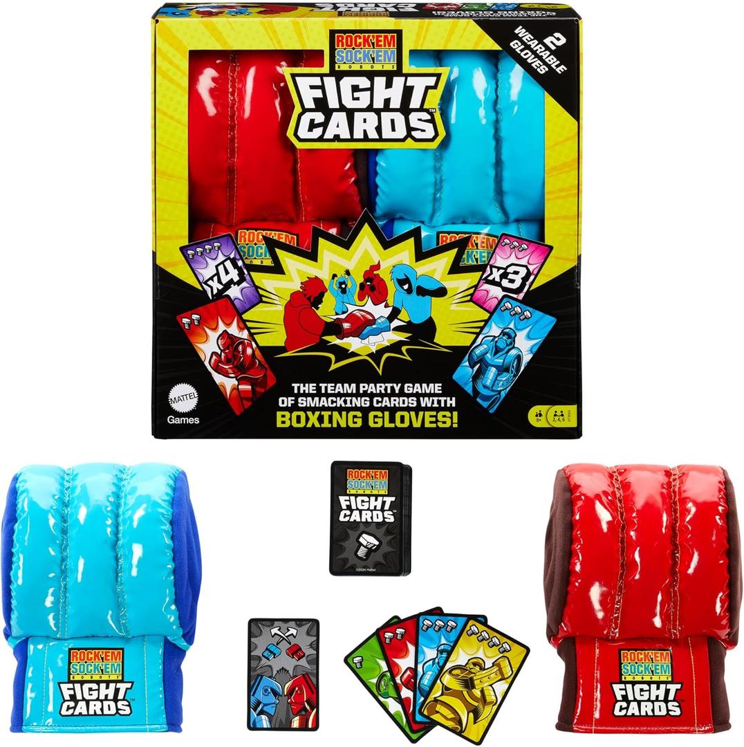 Mattel Games Rock Em Sock Em Robots Fight Cards Card Game, Team Party Game for Kids & Adults with 2 Boxing Gloves
