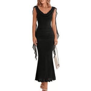 SKAYS Women's Ruffle Cowl Neck Dress Bodycon Sleeveless Maxi Long Summer Wedding Guest Cocktail Party Formal Dress X-Large 