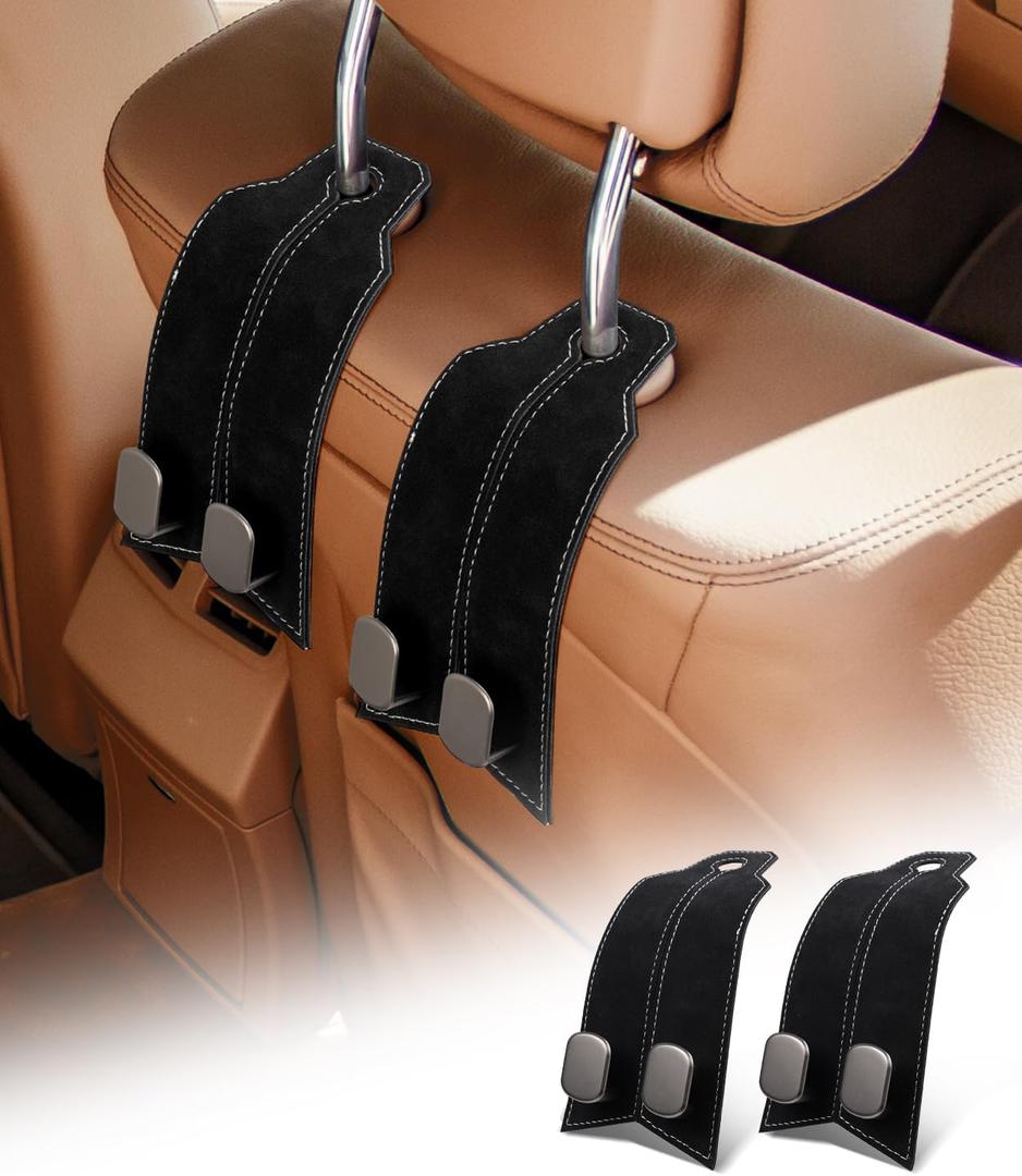 MOBIKEY Purse Hook for Car, Car Hooks for Seat Headrest Metal & Premium Leather 2025 Latest, Auto Headrest Hanger Organizer Accessories for Purses and Bags, 2 Pack Black