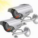 WALI Solar Powered Fake Simulated Camera, Dummy Security Camera Indoor Outdoor with 1 LED Light, Security Alert Sticker Decal (SOLTC-S2), 2 Packs, Silver