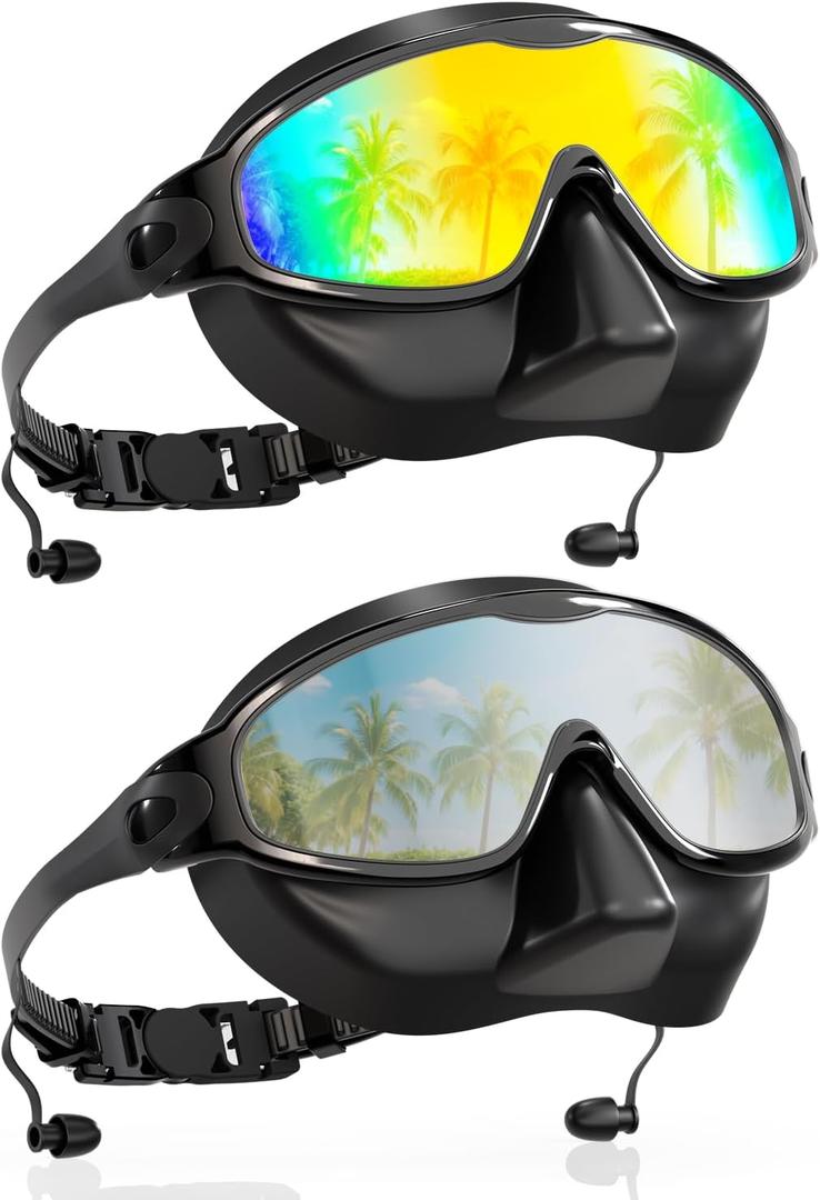 Aegend Swim Goggles with Nose Cover for Adults, 2 Pack Wide View Swimming Goggles Anti-Fog/UV No Leak for Men & Women (Aqua & Bright Silver)