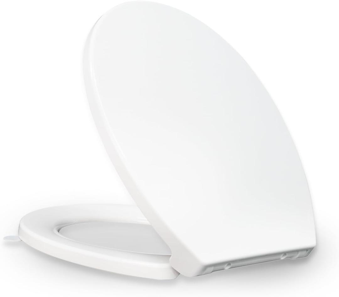 KHE Round Toilet Seat 16.5 Inch, Soft Close Toilet Seat with No-Touch Handle, Quick Release for Easy Cleaning, Non-Slip Bumpers, Durable PP, White