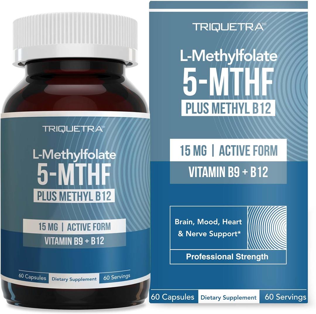 L Methyl Folate 15mg Plus Methyl B12 Cofactor High Potency, Active 5-MTHF Form - Supports Mood, Methylation, Cognition Bioactive Forms of Vitamin B9 & B12 (60 Capsules 60 Servings) (60 Count (Pack of 1)) Exp D 03.27